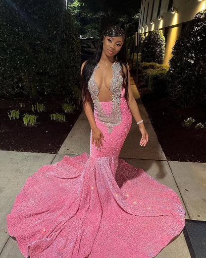 Shiny Pink Beaded Sequins Prom Dresses Mermaid Formal Occasion Dress