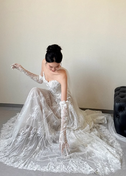 Simple Romantic A Line Sweetheart Neck White Lace Prom Dress Wedding Dress SH3665