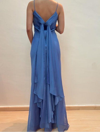 Elegant Blue Chiffon Sheath Prom Dress Party Gown