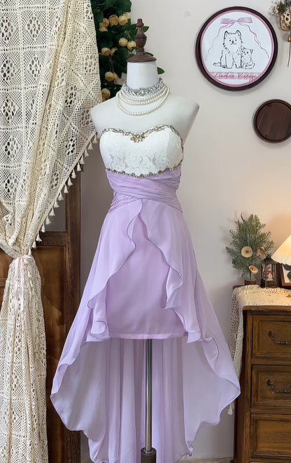 Vintage A Line Sweetheart Neck Beaded White Lace Purple Chiffon Homecoming Dress Cocktail Dress SH2953