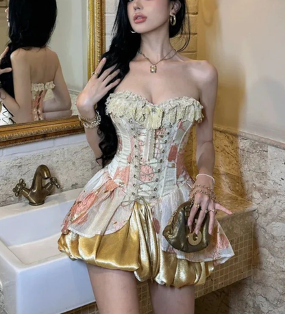 Unique Sweetheart Neck Satin Print Floral A-Line Homecoming Dress Short Party Dress S874