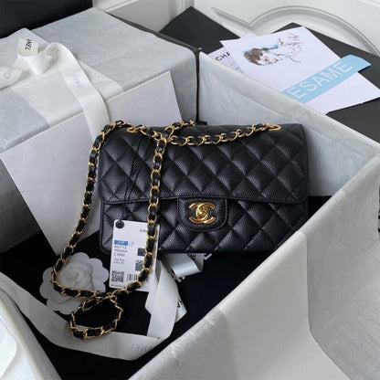 CHANEL SMALL CLASSIC HANDBAG Grained Calfskin & Gold Metal