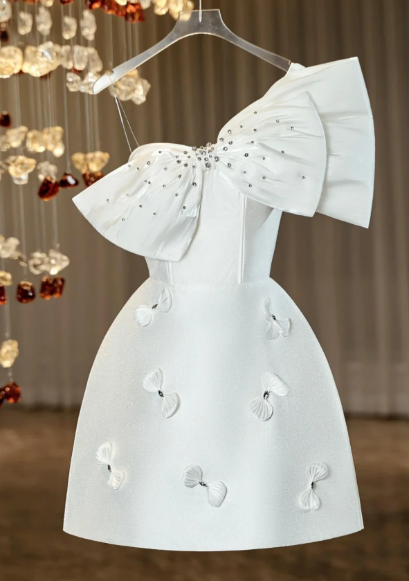 Unique One Shoulder Bow Beaded Short Birthday Dress White Homecoming Dress S360