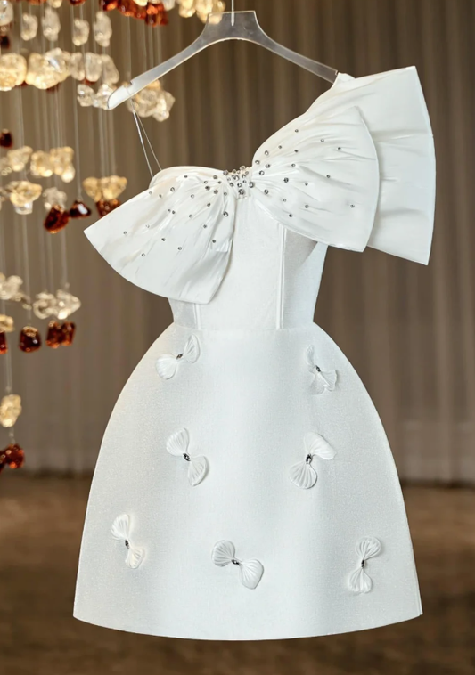 Unique One Shoulder Bow Beaded Short Birthday Dress White Homecoming Dress S360