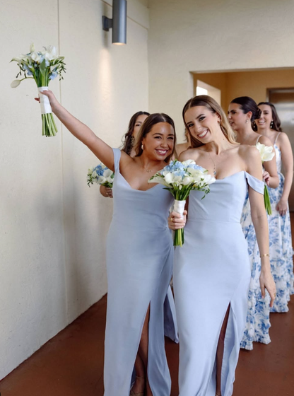 Gentle Sheath Off the Shoulder Blue Chiffon Long Prom Dress Bridesmaid Dress with Slit SH2615