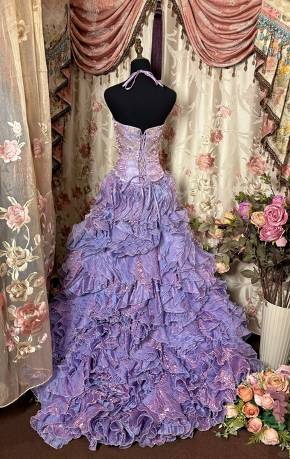 Exquisite Purple Ball Gown Halter Embroidery Layered Satin Long Prom Dress Evening Dress SH3720
