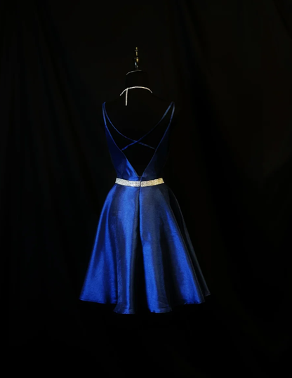 Pretty Spaghetti Straps Backless Homecoming Dress Royal Blue Satin Beaded Cocktail Dress S429