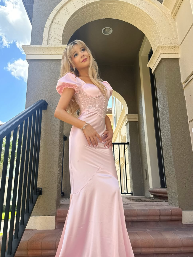 Princess Pink Mermaid Puff Lace Satin Prom Dress Cocktail Dress SH3744