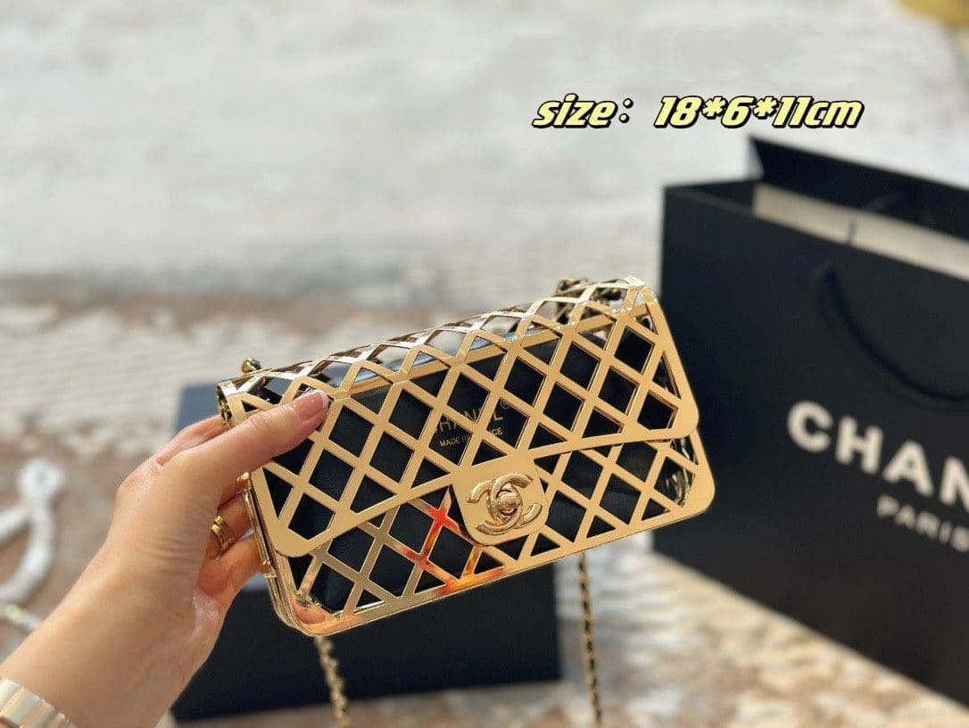 CHANEL Gold Metal Creates A Hollow Diamond Pattern CF Evening Bag