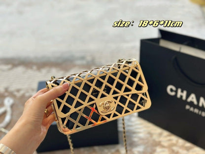 CHANEL Gold Metal Creates A Hollow Diamond Pattern CF Evening Bag