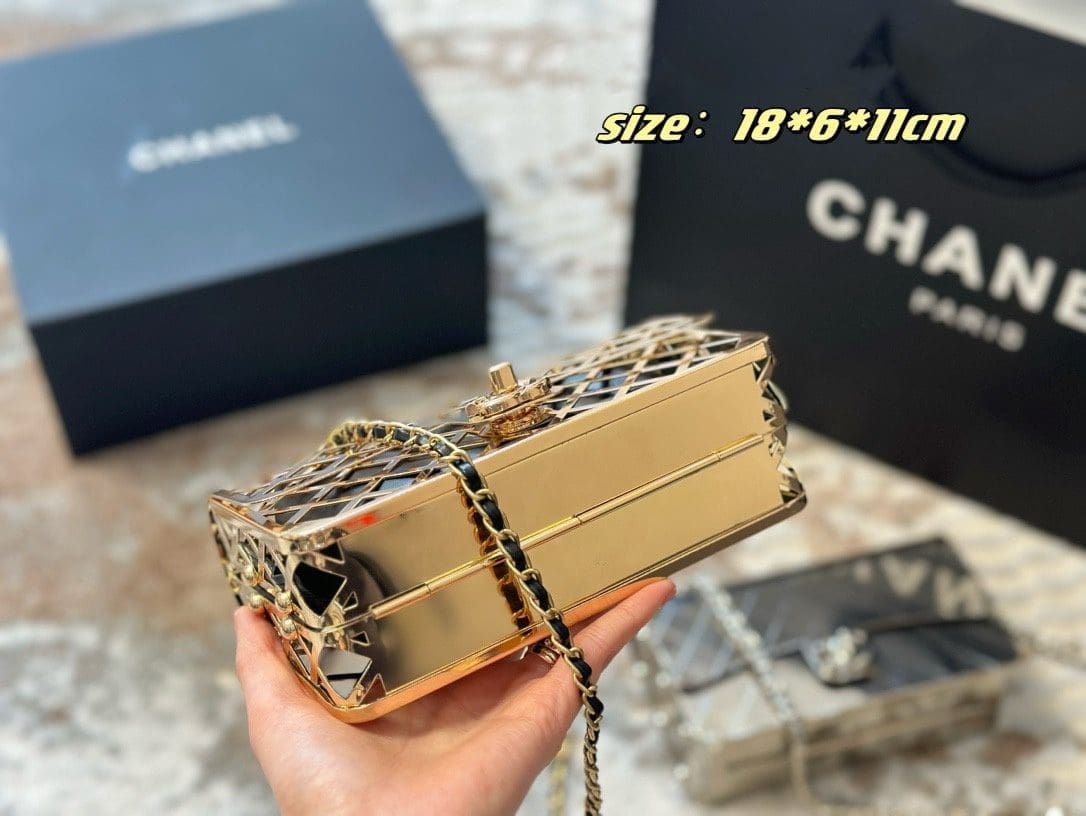 CHANEL Gold Metal Creates A Hollow Diamond Pattern CF Evening Bag
