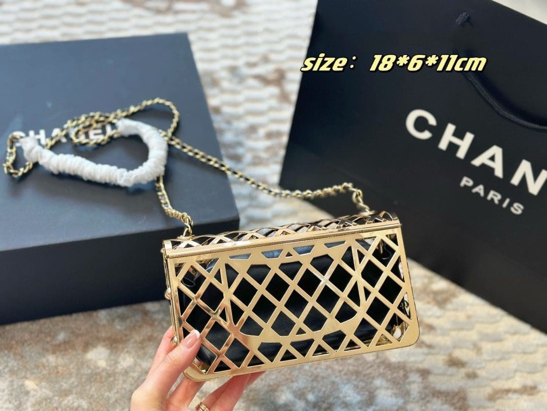 CHANEL Gold Metal Creates A Hollow Diamond Pattern CF Evening Bag