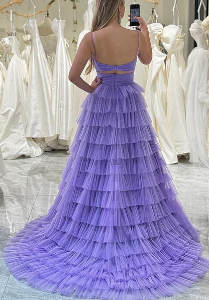 Chic Tiered Long Tulle Prom Dress with Ruffle Skirt,Spaghetti Straps Evening Gown