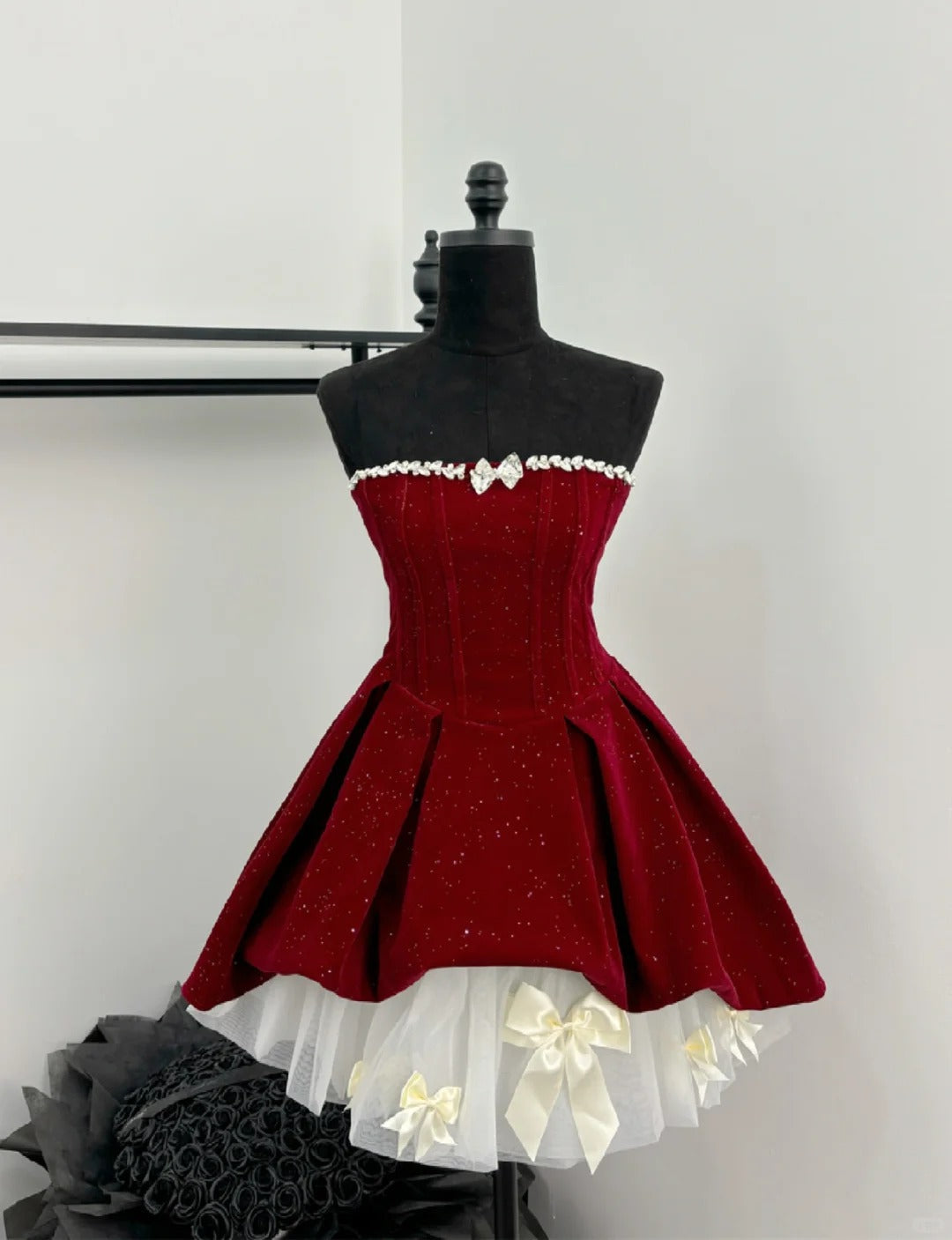 Red shiny cute sweet heavy red velvet tube top short Bow skirt homecoming dress birthday party dress holiday small dress gh3942