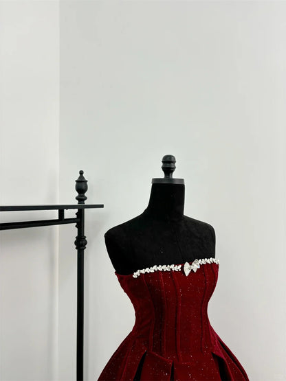 Red shiny cute sweet heavy red velvet tube top short Bow skirt homecoming dress birthday party dress holiday small dress gh3942