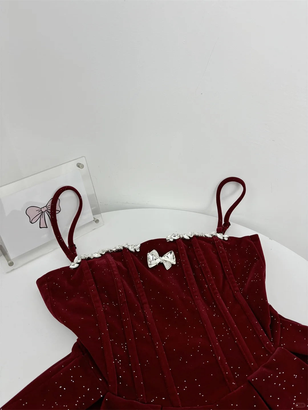 Red shiny cute sweet heavy red velvet tube top short Bow skirt homecoming dress birthday party dress holiday small dress gh3942