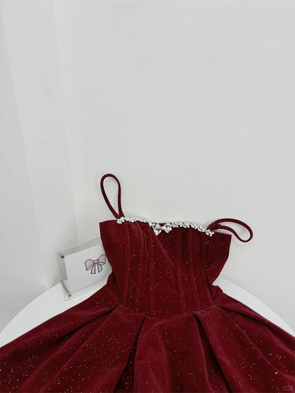 Red shiny cute sweet heavy red velvet tube top short Bow skirt homecoming dress birthday party dress holiday small dress gh3942