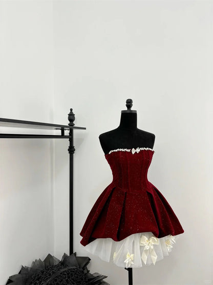Red shiny cute sweet heavy red velvet tube top short Bow skirt homecoming dress birthday party dress holiday small dress gh3942