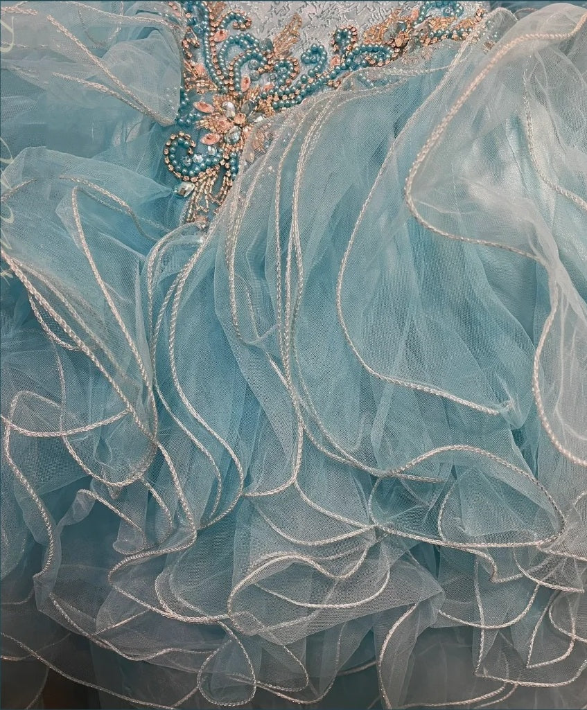 Blue gorgeous beaded long tulle organza ball gown evening dress gh4431