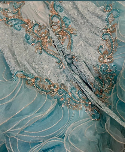 Blue gorgeous beaded long tulle organza ball gown evening dress gh4431