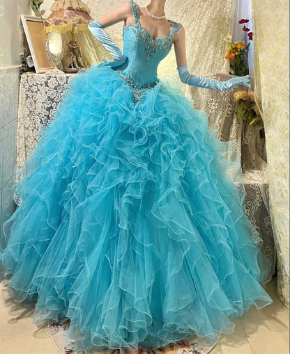 Blue gorgeous beaded long tulle organza ball gown evening dress gh4431