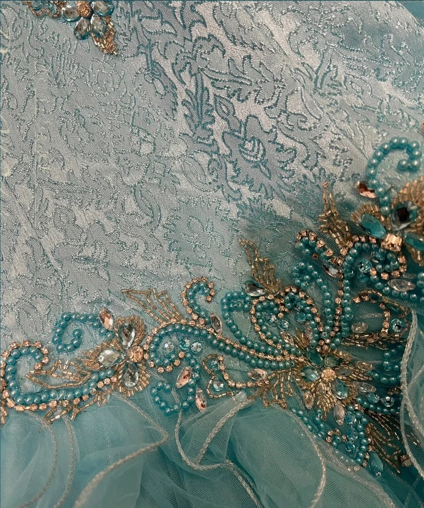 Blue gorgeous beaded long tulle organza ball gown evening dress gh4431