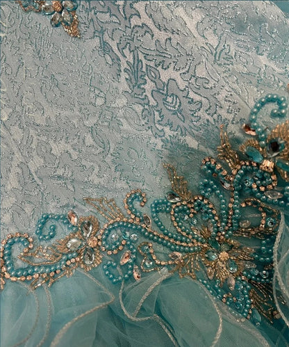 Blue gorgeous beaded long tulle organza ball gown evening dress gh4431