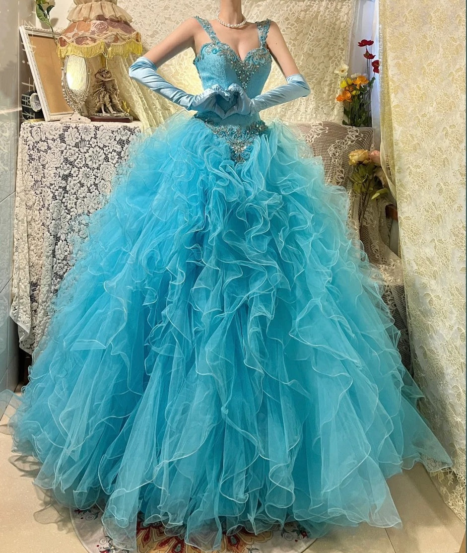 Blue gorgeous beaded long tulle organza ball gown evening dress gh4431