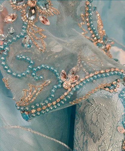 Blue gorgeous beaded long tulle organza ball gown evening dress gh4431