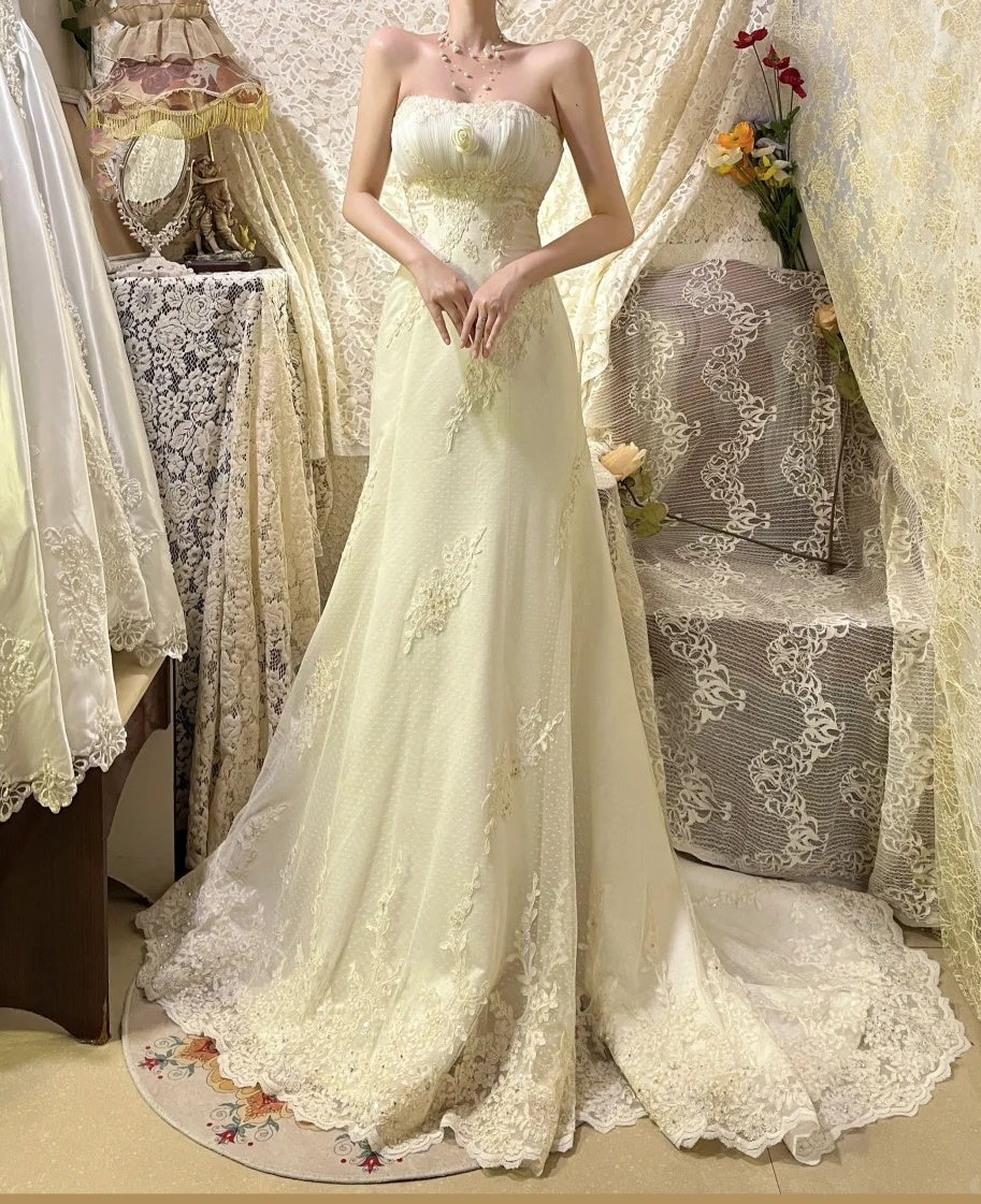 Light Yellow Floral Beaded Long Lace Tulle Ball Gown Evening Dress Party Dress gh4488