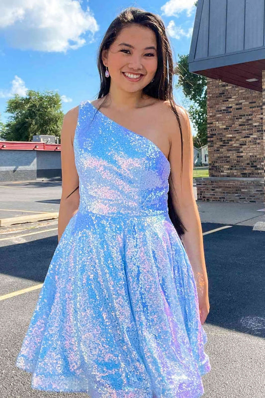 One Shoulder Sequin A-Line Homecoming Dress