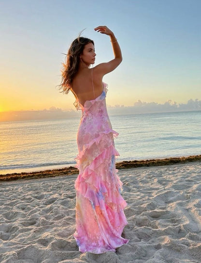 Cute Layers Spaghetti Straps Long Prom Dress Summer Beach Dresses