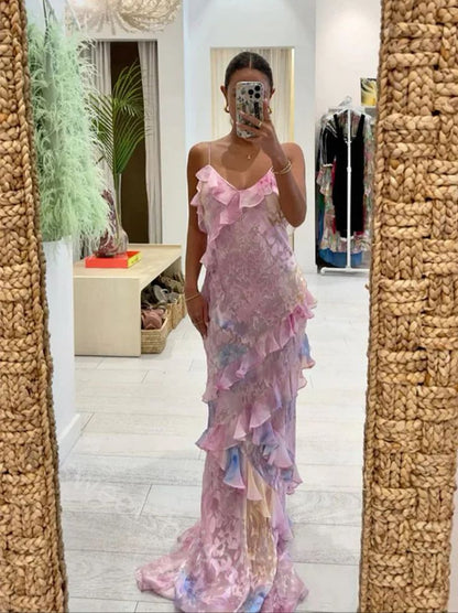 Cute Layers Spaghetti Straps Long Prom Dress Summer Beach Dresses