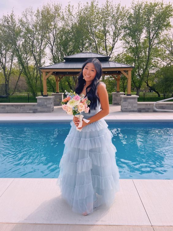 Cute Light Blue Tulle Prom Dresses Layers Semi Formal Gown