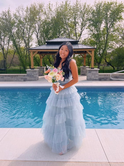 Cute Light Blue Tulle Prom Dresses Layers Semi Formal Gown