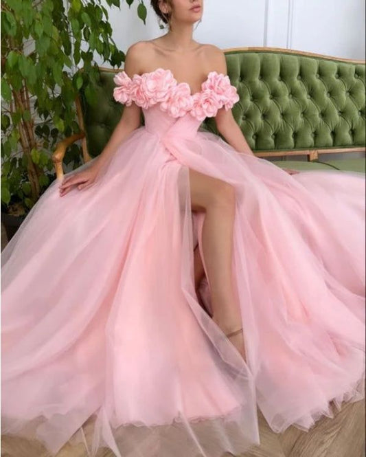Floral A-Line Tulle Off The Shoulder Long Evening Prom Dress With Slit ED01457