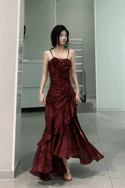 Classy Sheath Sweetheart Sleeveless Satin Burgundy Long Prom Dresses SD2399
