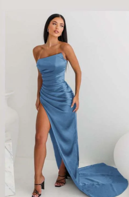 Vintage Sheath Strapless Neckline Slit Satin Long Party Dress Prom Dresses SD2446