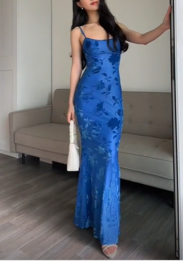 Elegant Blue Mermaid Print Long Evening Dress Formal Prom Dress SH1565
