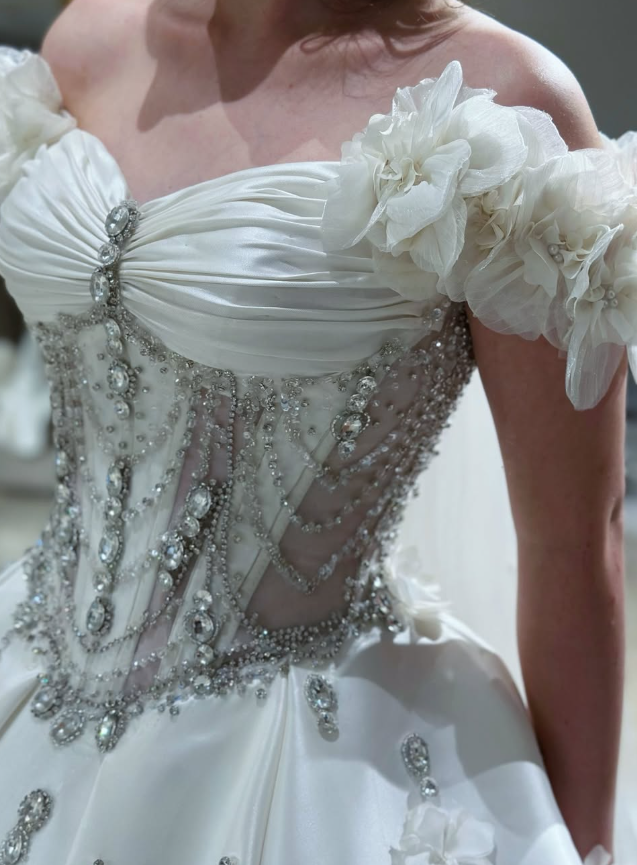 Gorgeous Exquisite A Line Off the Shoulder Flower Rhinestone White Satin Long Wedding Dress Date Dress SH3466