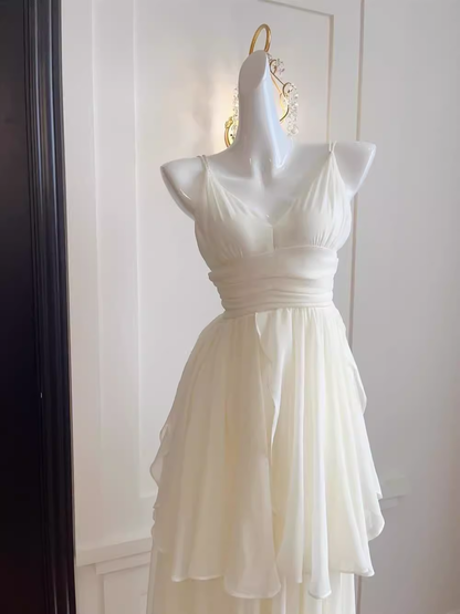 Simple A line Spaghetti Straps White Chiffon Long Ruffles Party Dresses Birthday Dress SD579