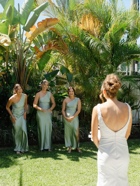 Pretty Sheath One Shoulder Green Satin Bridesmaid Dress Evening Dress with Slit SH3203