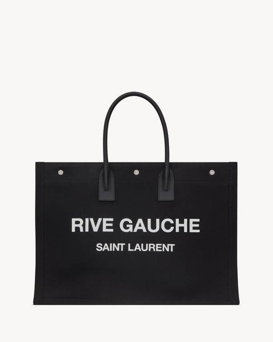 Saint Laurent Paris Rive Gauche Canvas Tote Bag Cotton NOIR ET BLANC 18.8 X 14.1 X 6.2 IN