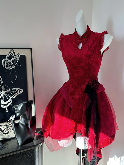 Vintage Sleeveless Red Satin Lace Short Birthday Dress Homecoming Dress S631