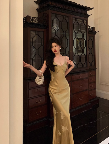 Classy Mermaid Spaghetti Straps Gold Long 18th Birthday Dress Party Gown 21st Birthday Outfits Birthday Dress Ideas For Women DP1305