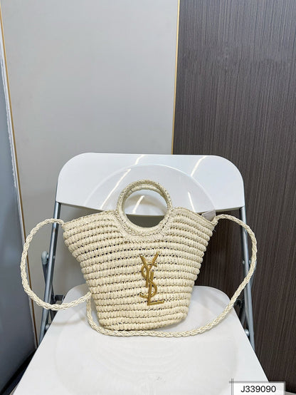 YSL SAINT LAURENT Raffia Woven Tote Bag For Summer Vacation Beach 30x20cm