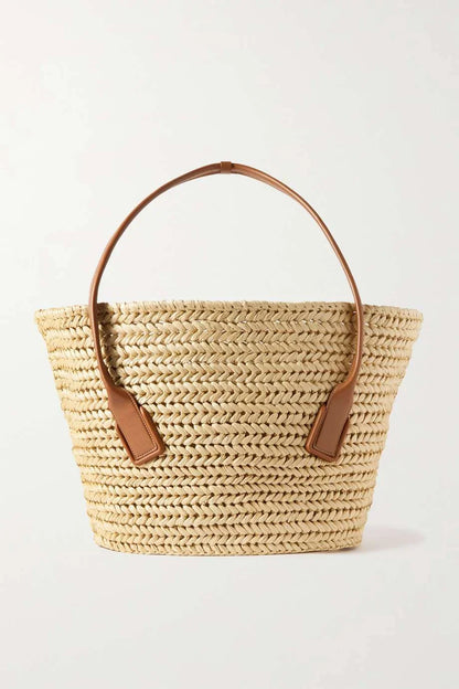 BOTTEGA VENETA Medium leather-trimmed raffia tote