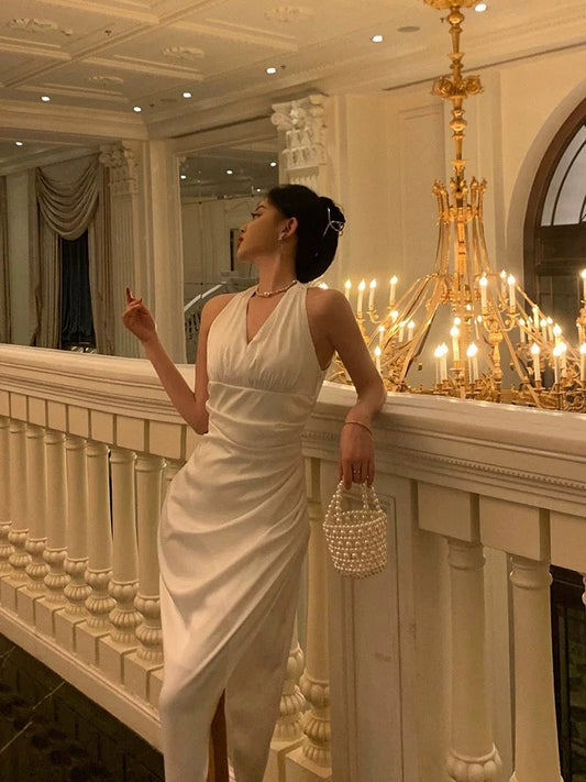 Sexy Sheath Halter White Sleeveless Prom Dresses Party Dress Summer Birthday Outfits Birthday Dresses W811