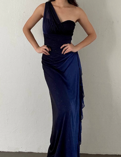 Elegant Sheath One Shoulder Navy Blue Ombre Chiffon Long Prom Dress Evening Dress SH2608