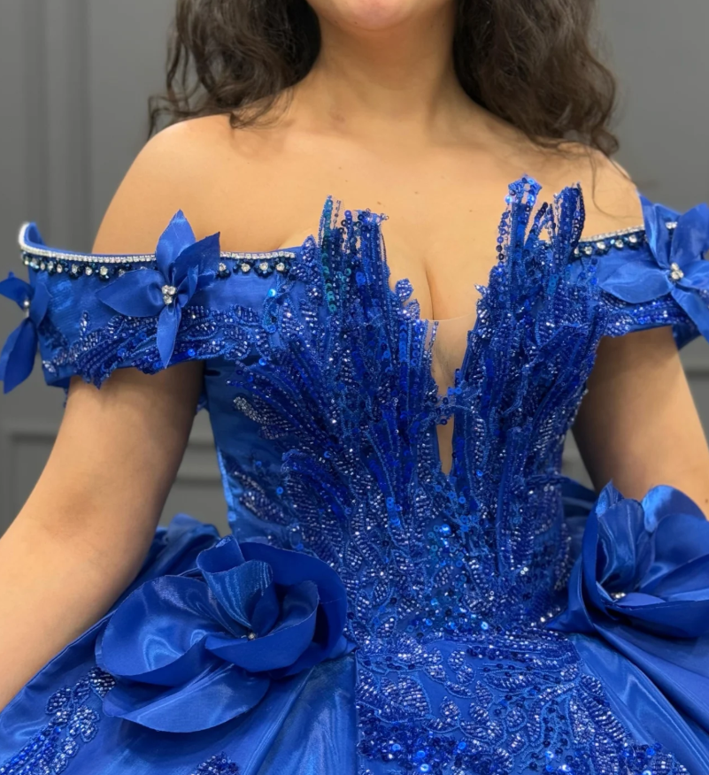 Gorgeous Ball Gown Off the Shoulder Flower Appliques Blue Satin Sweet 16 Dress, Quinceanera Dress SH3040
